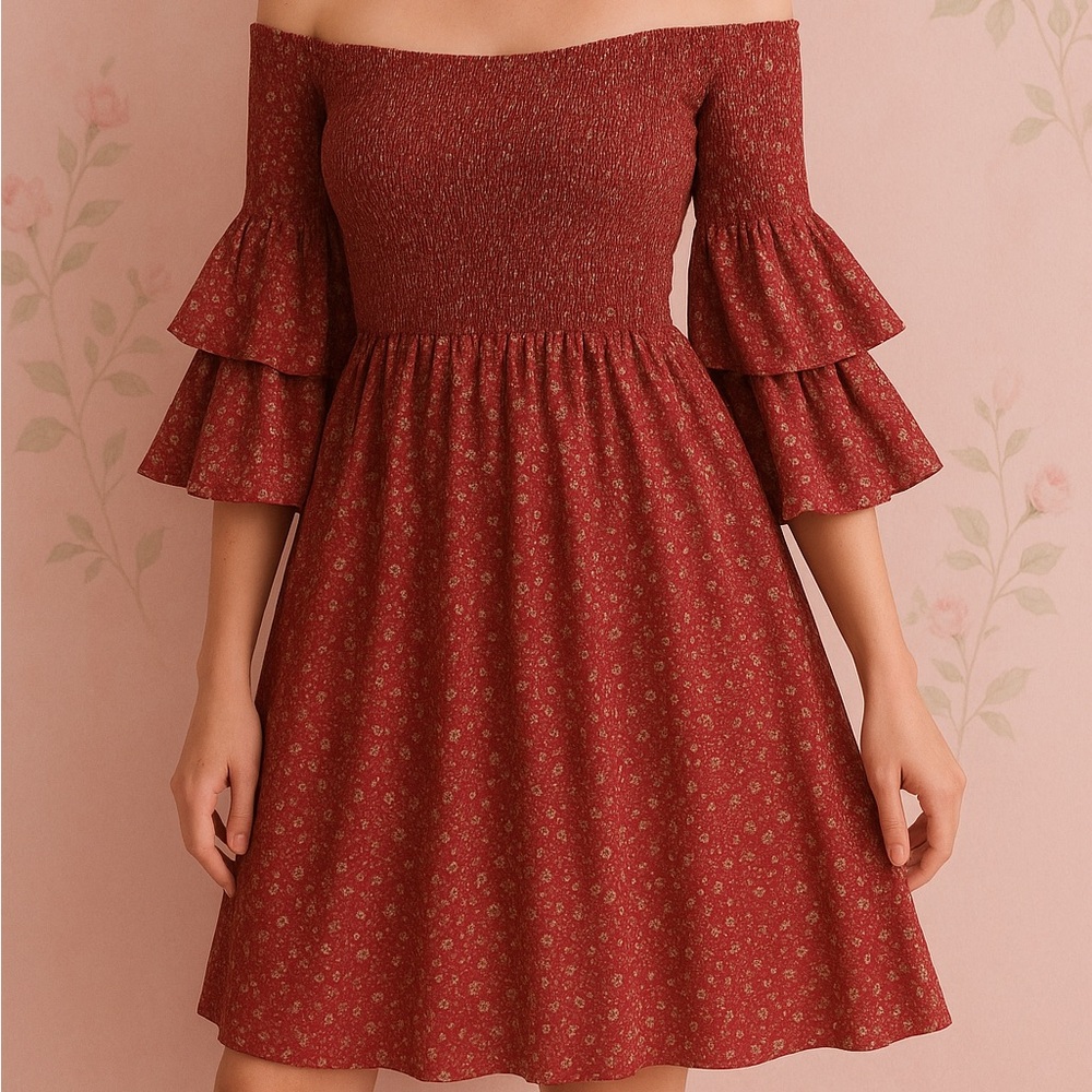 Smocked Off-Shoulder Ruffle Sleeve Dress | Boho Romantic Vibes
